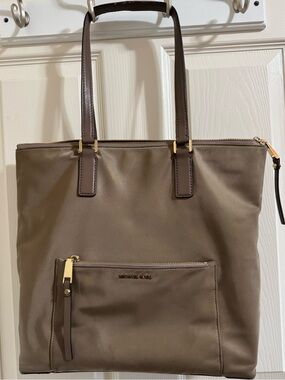 Michael Kors Taupe Brown Leather-Trim Tote with Front Zip Pocket